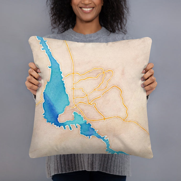 Person holding 18x18 Custom Lake Havasu City Arizona Map Throw Pillow in Watercolor