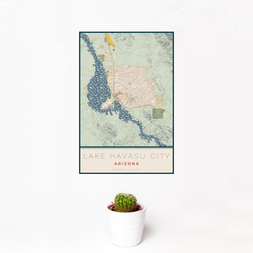 12x18 Lake Havasu City Arizona Map Print Portrait Orientation in Woodblock Style With Small Cactus Plant in White Planter