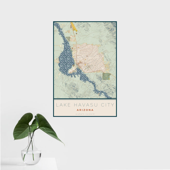 16x24 Lake Havasu City Arizona Map Print Portrait Orientation in Woodblock Style With Tropical Plant Leaves in Water