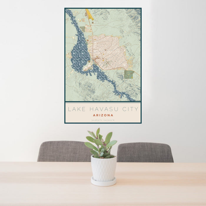 24x36 Lake Havasu City Arizona Map Print Portrait Orientation in Woodblock Style Behind 2 Chairs Table and Potted Plant