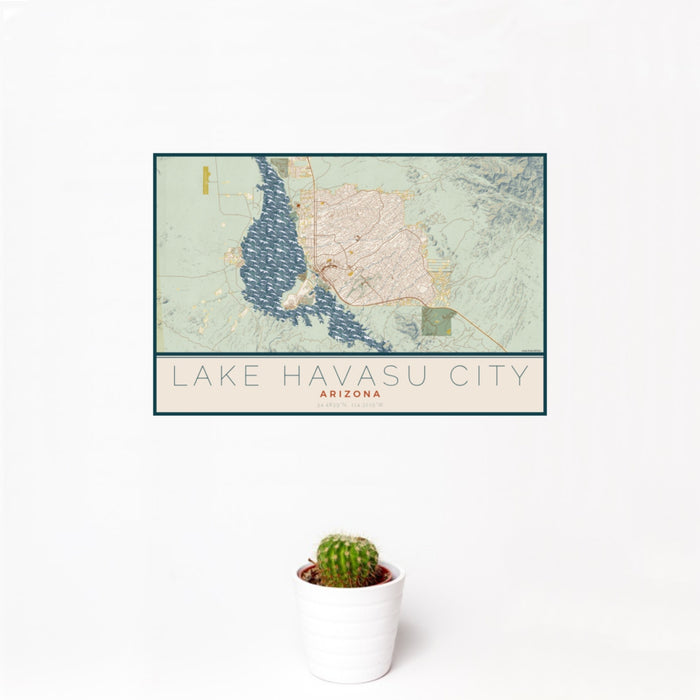 12x18 Lake Havasu City Arizona Map Print Landscape Orientation in Woodblock Style With Small Cactus Plant in White Planter