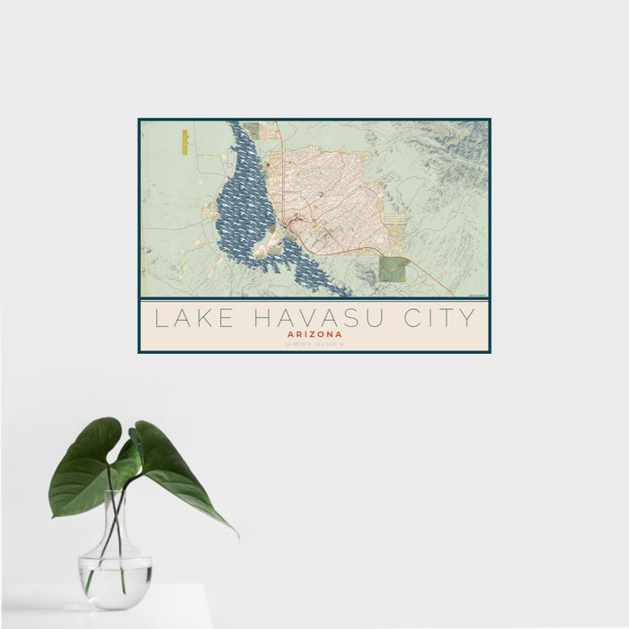 16x24 Lake Havasu City Arizona Map Print Landscape Orientation in Woodblock Style With Tropical Plant Leaves in Water