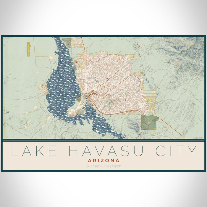 Lake Havasu City Arizona Map Print Landscape Orientation in Woodblock Style With Shaded Background