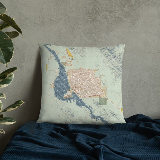 Custom Lake Havasu City Arizona Map Throw Pillow in Woodblock on Bedding Against Wall