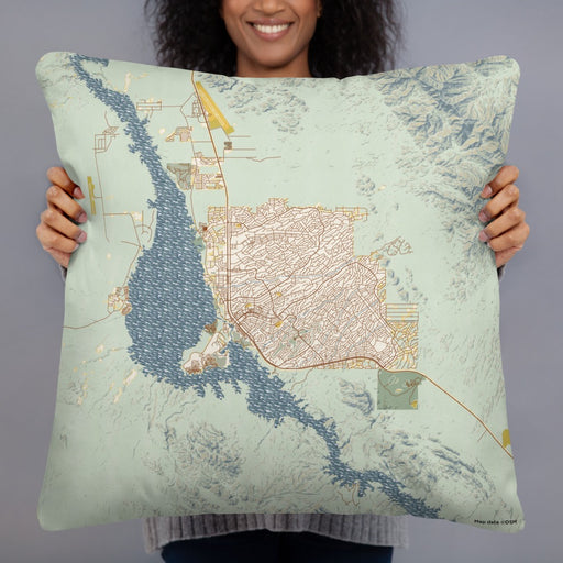 Person holding 22x22 Custom Lake Havasu City Arizona Map Throw Pillow in Woodblock
