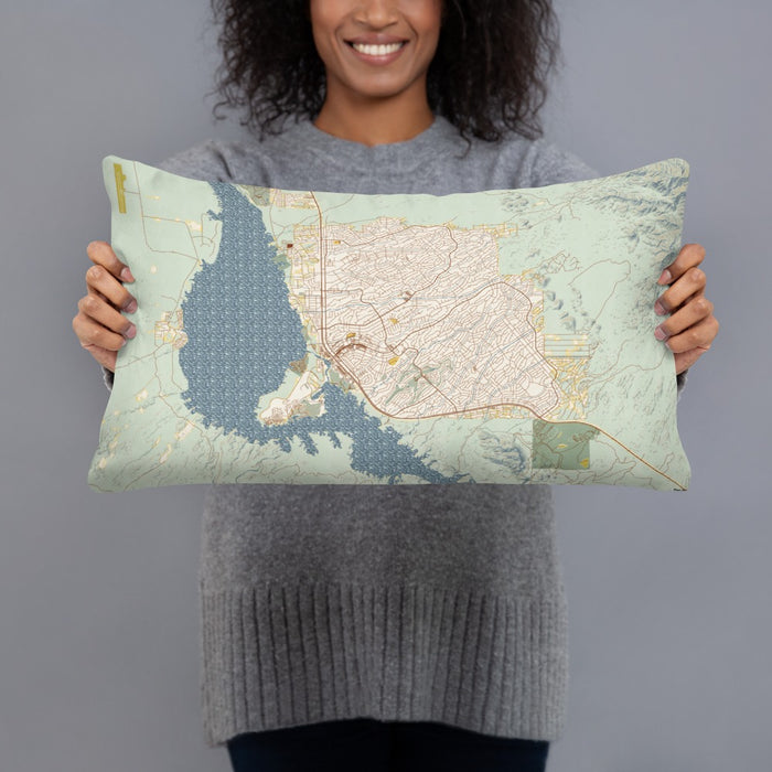 Person holding 20x12 Custom Lake Havasu City Arizona Map Throw Pillow in Woodblock