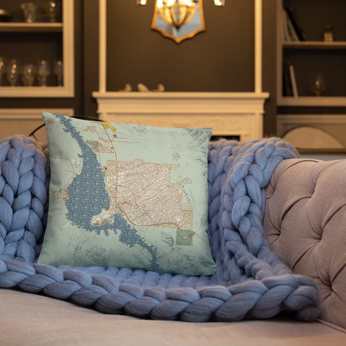 Custom Lake Havasu City Arizona Map Throw Pillow in Woodblock on Cream Colored Couch