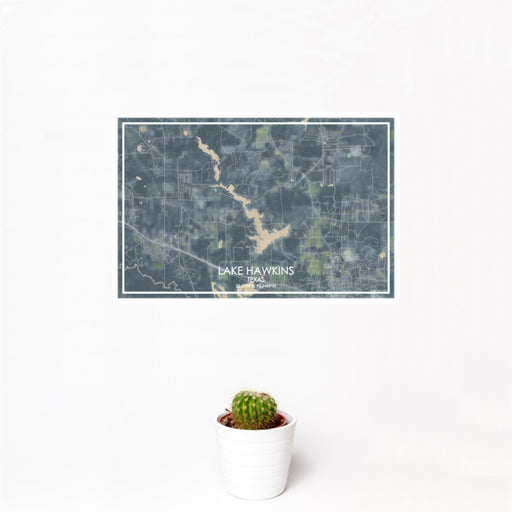12x18 Lake Hawkins Texas Map Print Landscape Orientation in Afternoon Style With Small Cactus Plant in White Planter