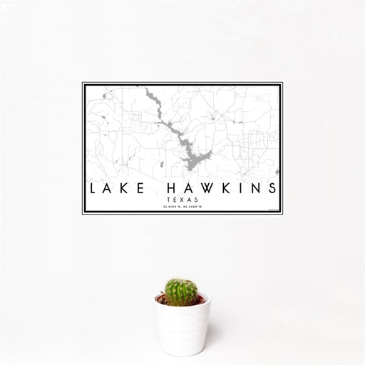 12x18 Lake Hawkins Texas Map Print Landscape Orientation in Classic Style With Small Cactus Plant in White Planter