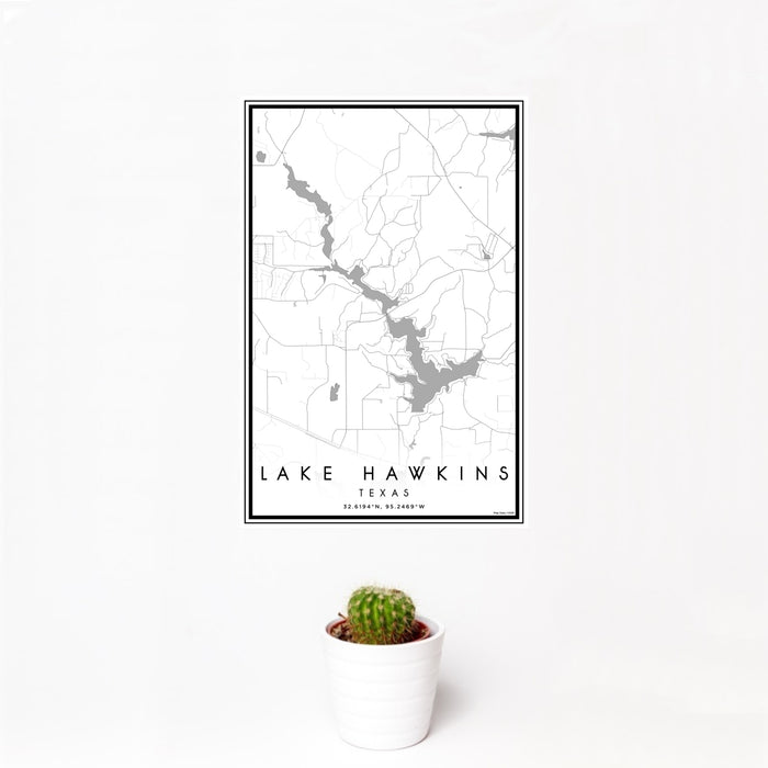 12x18 Lake Hawkins Texas Map Print Portrait Orientation in Classic Style With Small Cactus Plant in White Planter