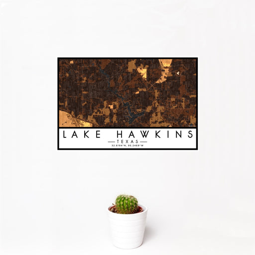 12x18 Lake Hawkins Texas Map Print Landscape Orientation in Ember Style With Small Cactus Plant in White Planter