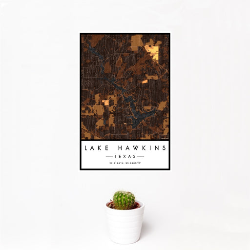 12x18 Lake Hawkins Texas Map Print Portrait Orientation in Ember Style With Small Cactus Plant in White Planter