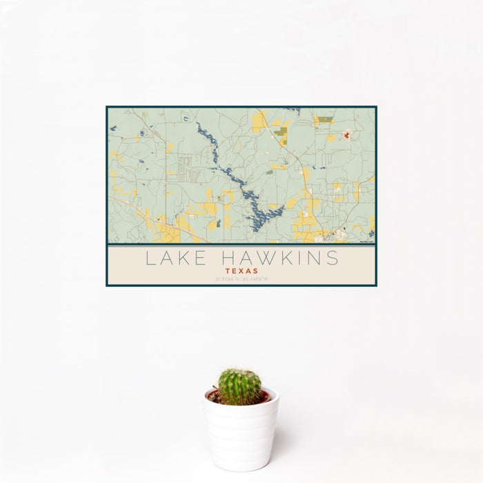 12x18 Lake Hawkins Texas Map Print Landscape Orientation in Woodblock Style With Small Cactus Plant in White Planter