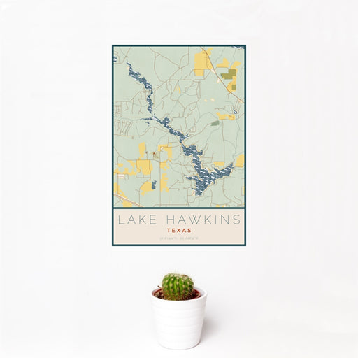 12x18 Lake Hawkins Texas Map Print Portrait Orientation in Woodblock Style With Small Cactus Plant in White Planter
