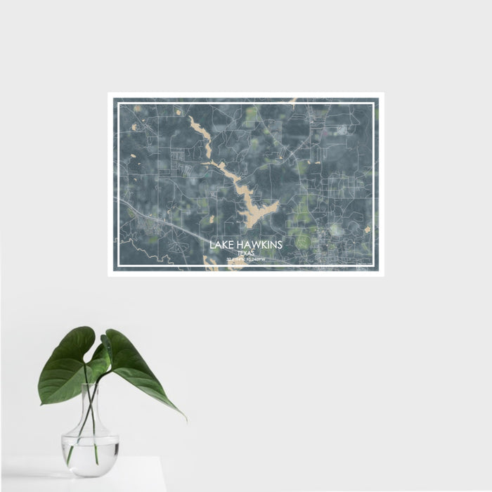 16x24 Lake Hawkins Texas Map Print Landscape Orientation in Afternoon Style With Tropical Plant Leaves in Water