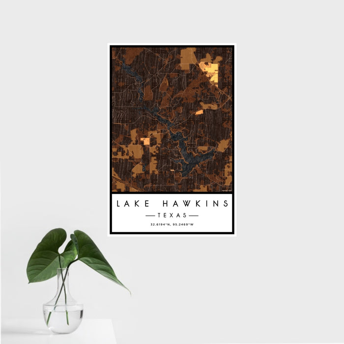 16x24 Lake Hawkins Texas Map Print Portrait Orientation in Ember Style With Tropical Plant Leaves in Water