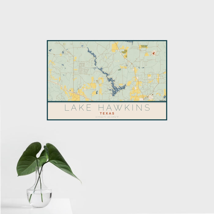 16x24 Lake Hawkins Texas Map Print Landscape Orientation in Woodblock Style With Tropical Plant Leaves in Water