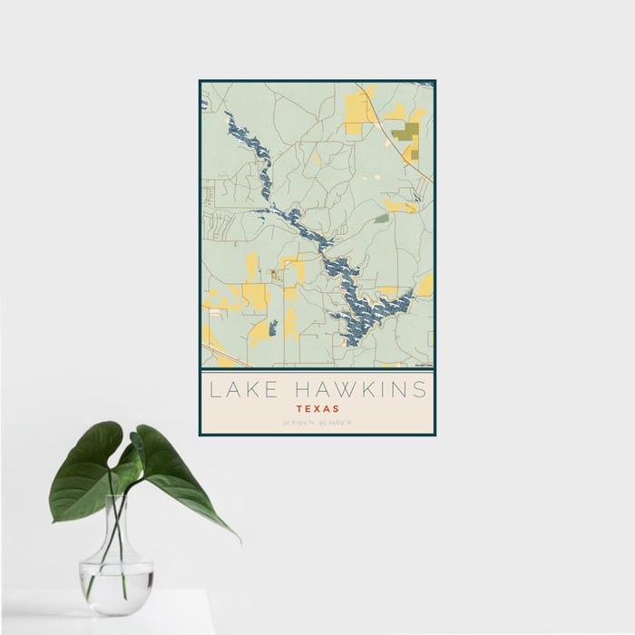 16x24 Lake Hawkins Texas Map Print Portrait Orientation in Woodblock Style With Tropical Plant Leaves in Water