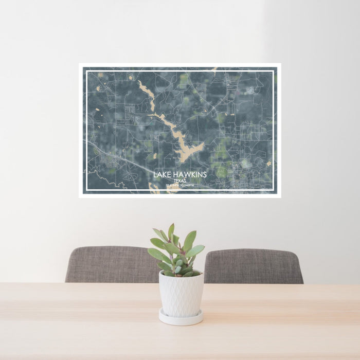 24x36 Lake Hawkins Texas Map Print Lanscape Orientation in Afternoon Style Behind 2 Chairs Table and Potted Plant