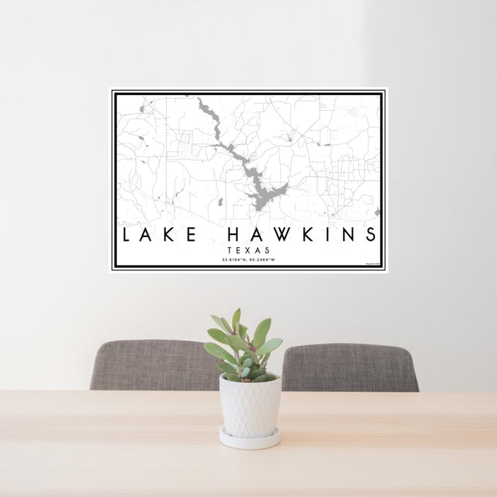 24x36 Lake Hawkins Texas Map Print Lanscape Orientation in Classic Style Behind 2 Chairs Table and Potted Plant