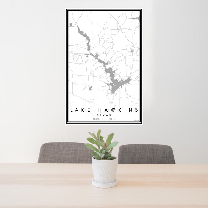 24x36 Lake Hawkins Texas Map Print Portrait Orientation in Classic Style Behind 2 Chairs Table and Potted Plant