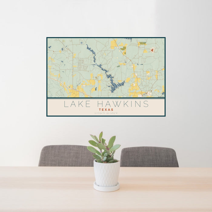 24x36 Lake Hawkins Texas Map Print Lanscape Orientation in Woodblock Style Behind 2 Chairs Table and Potted Plant