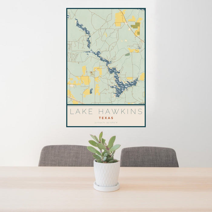 24x36 Lake Hawkins Texas Map Print Portrait Orientation in Woodblock Style Behind 2 Chairs Table and Potted Plant