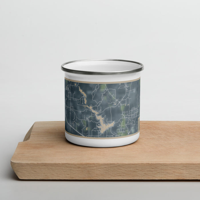 Front View Custom Lake Hawkins Texas Map Enamel Mug in Afternoon on Cutting Board
