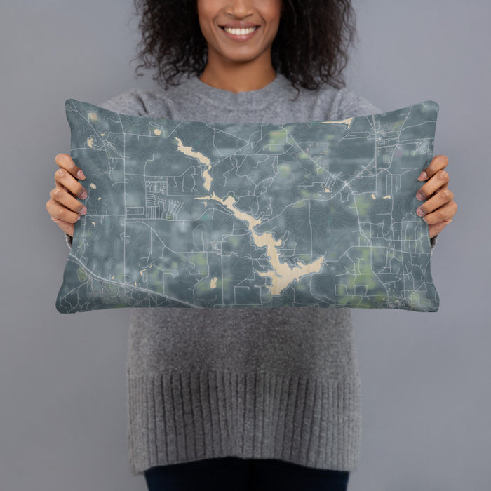 Person holding 20x12 Custom Lake Hawkins Texas Map Throw Pillow in Afternoon