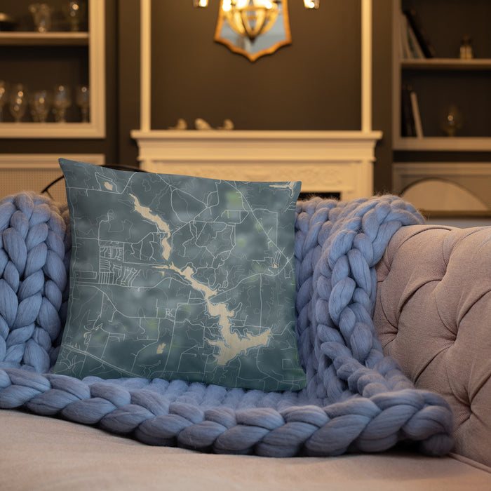 Custom Lake Hawkins Texas Map Throw Pillow in Afternoon on Cream Colored Couch