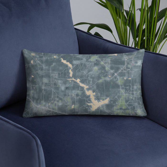 Custom Lake Hawkins Texas Map Throw Pillow in Afternoon on Blue Colored Chair