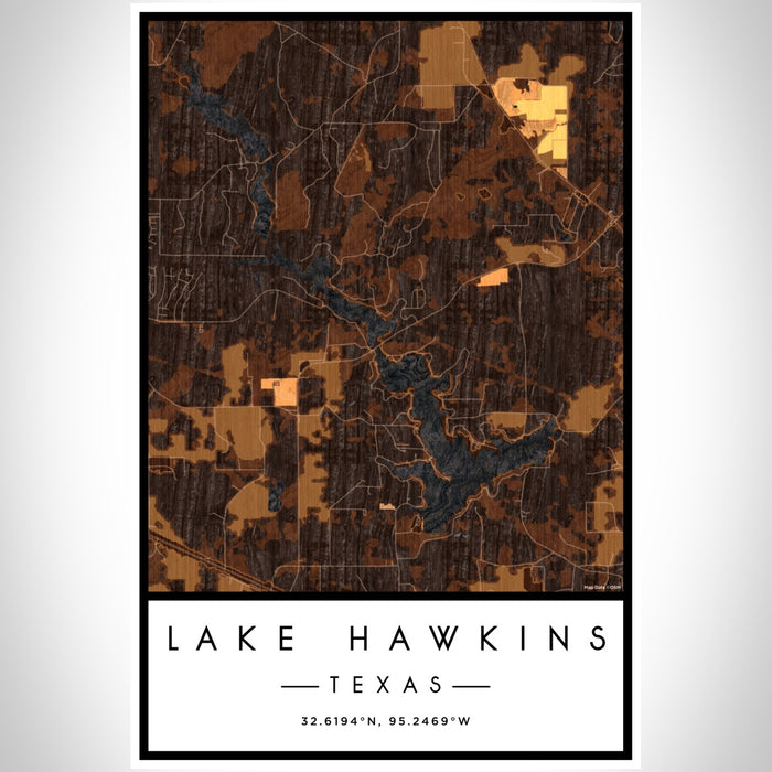 Lake Hawkins Texas Map Print Portrait Orientation in Ember Style With Shaded Background