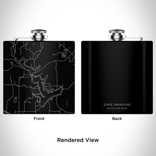 Rendered View of Lake Hawkins Texas Map Engraving on 6oz Stainless Steel Flask in Black
