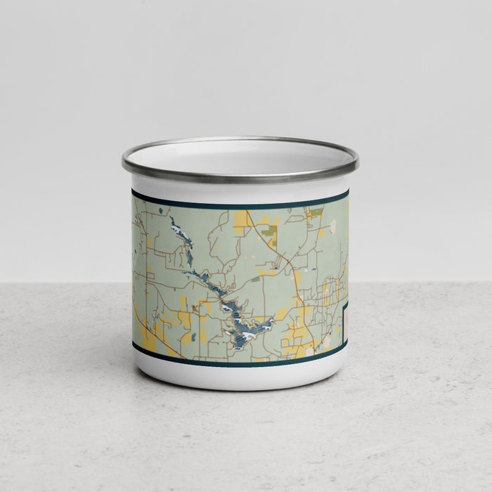 Front View Custom Lake Hawkins Texas Map Enamel Mug in Woodblock