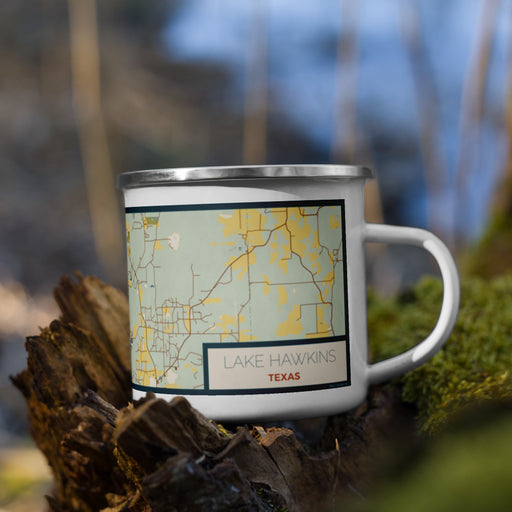 Right View Custom Lake Hawkins Texas Map Enamel Mug in Woodblock on Grass With Trees in Background