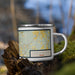 Right View Custom Lake Hawkins Texas Map Enamel Mug in Woodblock on Grass With Trees in Background