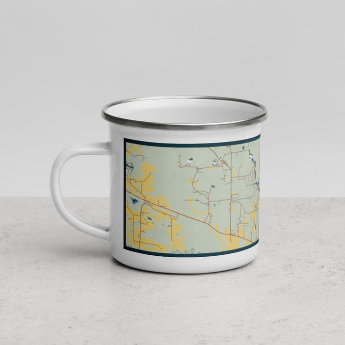 Left View Custom Lake Hawkins Texas Map Enamel Mug in Woodblock