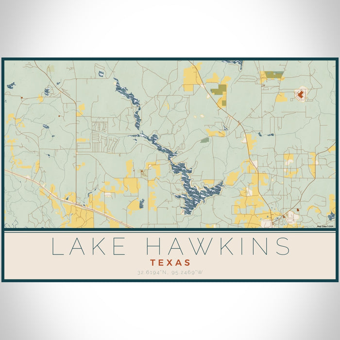 Lake Hawkins Texas Map Print Landscape Orientation in Woodblock Style With Shaded Background