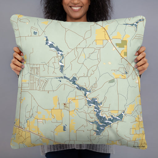 Person holding 22x22 Custom Lake Hawkins Texas Map Throw Pillow in Woodblock