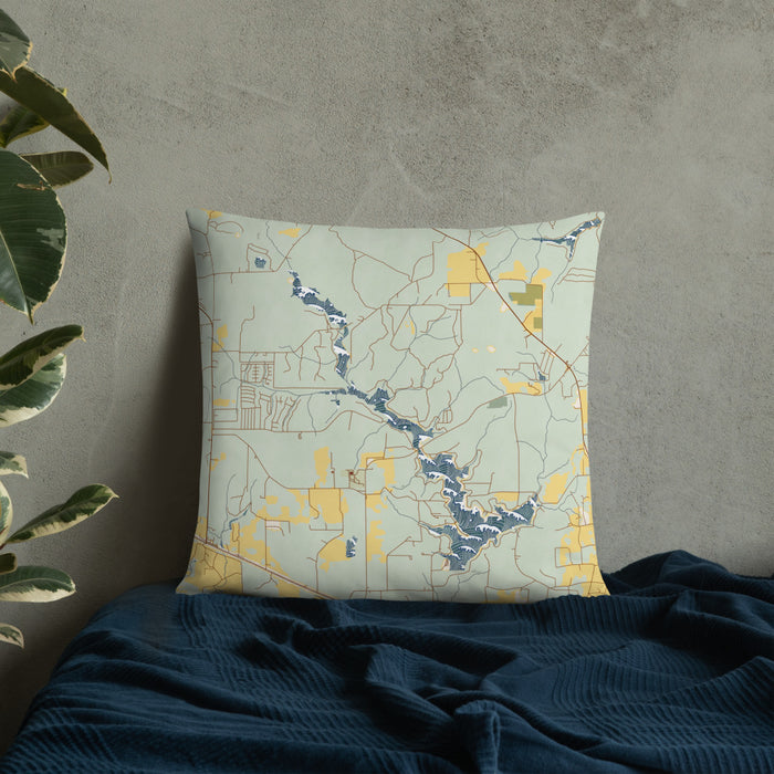 Custom Lake Hawkins Texas Map Throw Pillow in Woodblock on Bedding Against Wall