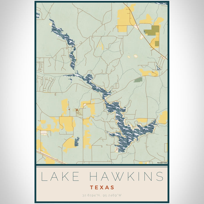 Lake Hawkins Texas Map Print Portrait Orientation in Woodblock Style With Shaded Background