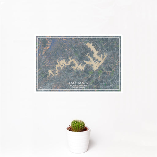 12x18 Lake James North Carolina Map Print Landscape Orientation in Afternoon Style With Small Cactus Plant in White Planter