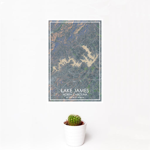 12x18 Lake James North Carolina Map Print Portrait Orientation in Afternoon Style With Small Cactus Plant in White Planter