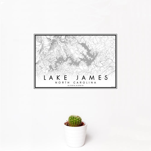 12x18 Lake James North Carolina Map Print Landscape Orientation in Classic Style With Small Cactus Plant in White Planter