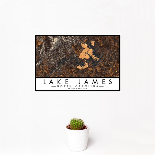 12x18 Lake James North Carolina Map Print Landscape Orientation in Ember Style With Small Cactus Plant in White Planter