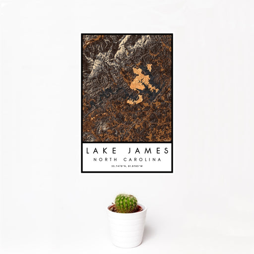 12x18 Lake James North Carolina Map Print Portrait Orientation in Ember Style With Small Cactus Plant in White Planter