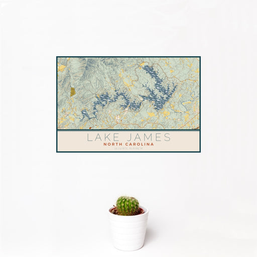 12x18 Lake James North Carolina Map Print Landscape Orientation in Woodblock Style With Small Cactus Plant in White Planter