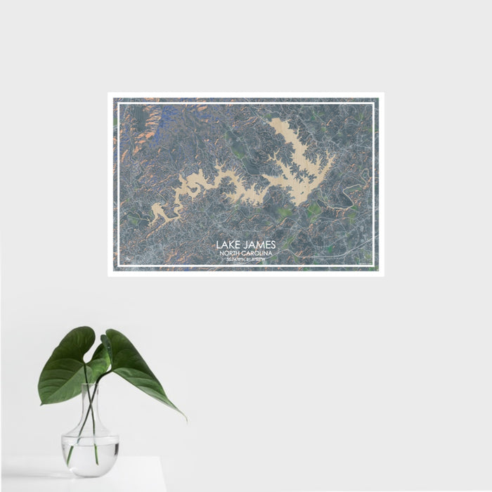 16x24 Lake James North Carolina Map Print Landscape Orientation in Afternoon Style With Tropical Plant Leaves in Water