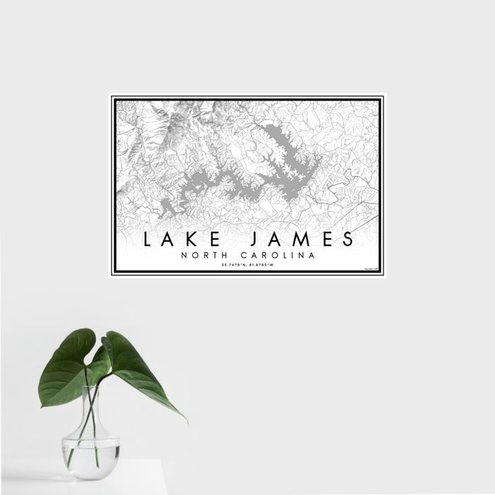 16x24 Lake James North Carolina Map Print Landscape Orientation in Classic Style With Tropical Plant Leaves in Water