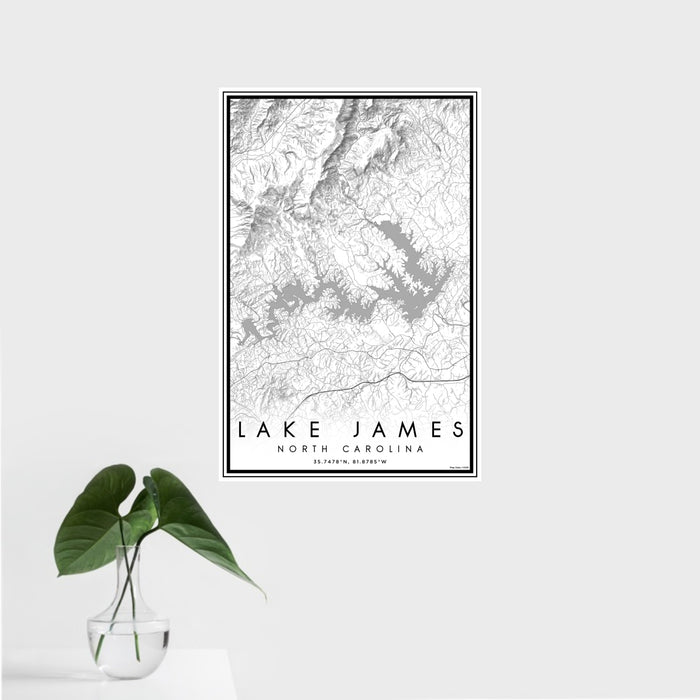 16x24 Lake James North Carolina Map Print Portrait Orientation in Classic Style With Tropical Plant Leaves in Water